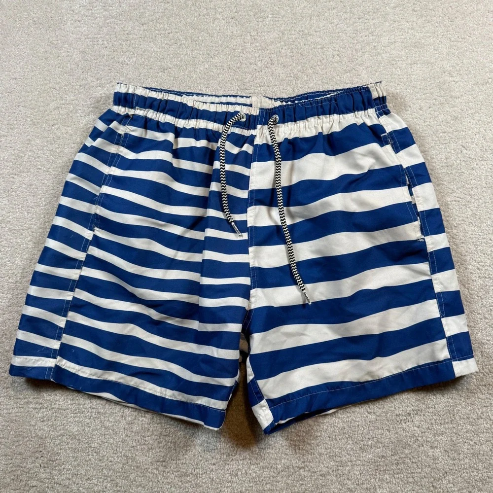 Boardies Swim Trunks Mens Medium Blue White Striped Drawstring Mesh Lining